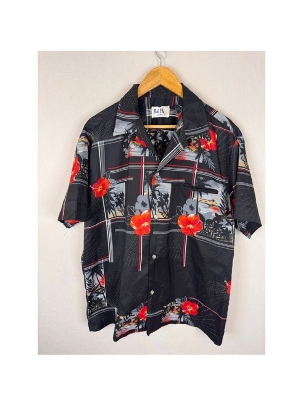 Kai Nani Hawaii Mens Black Red Hibiscus Palm Tree Tropical Aloha Shirt XL